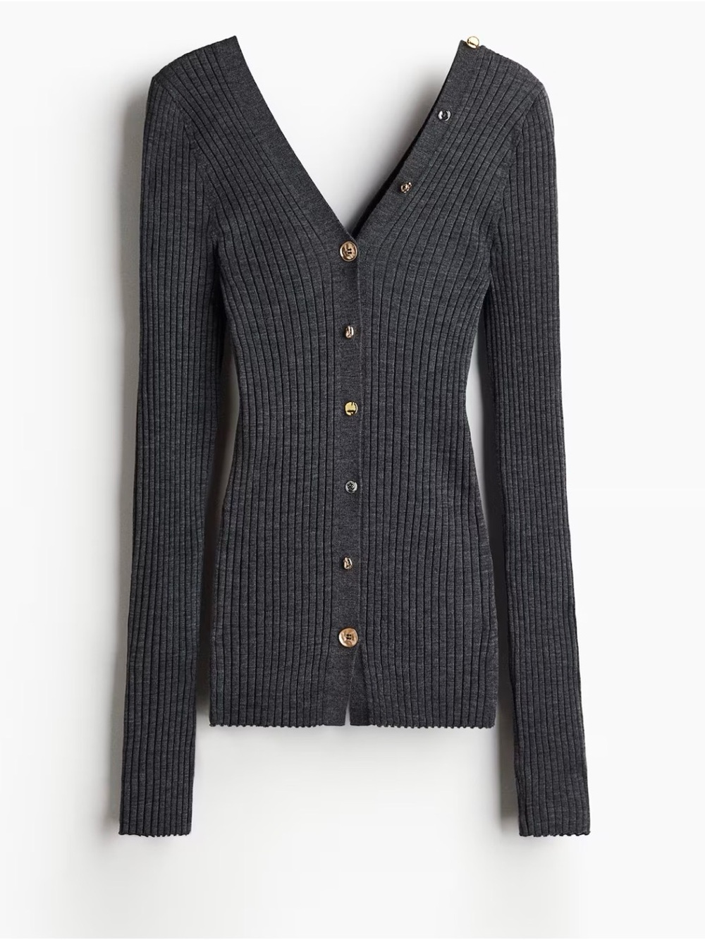 H&M fancy Ribbed Button-Front V-Neck Sweater Cardigan - Charcoal